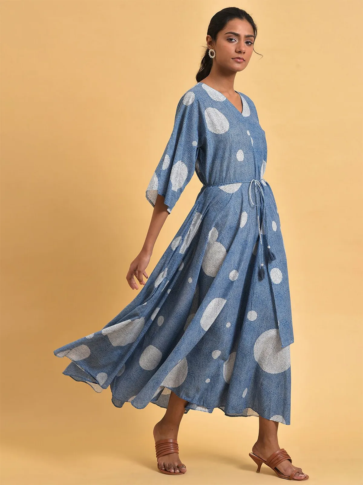 W blue cotton polka printed dress