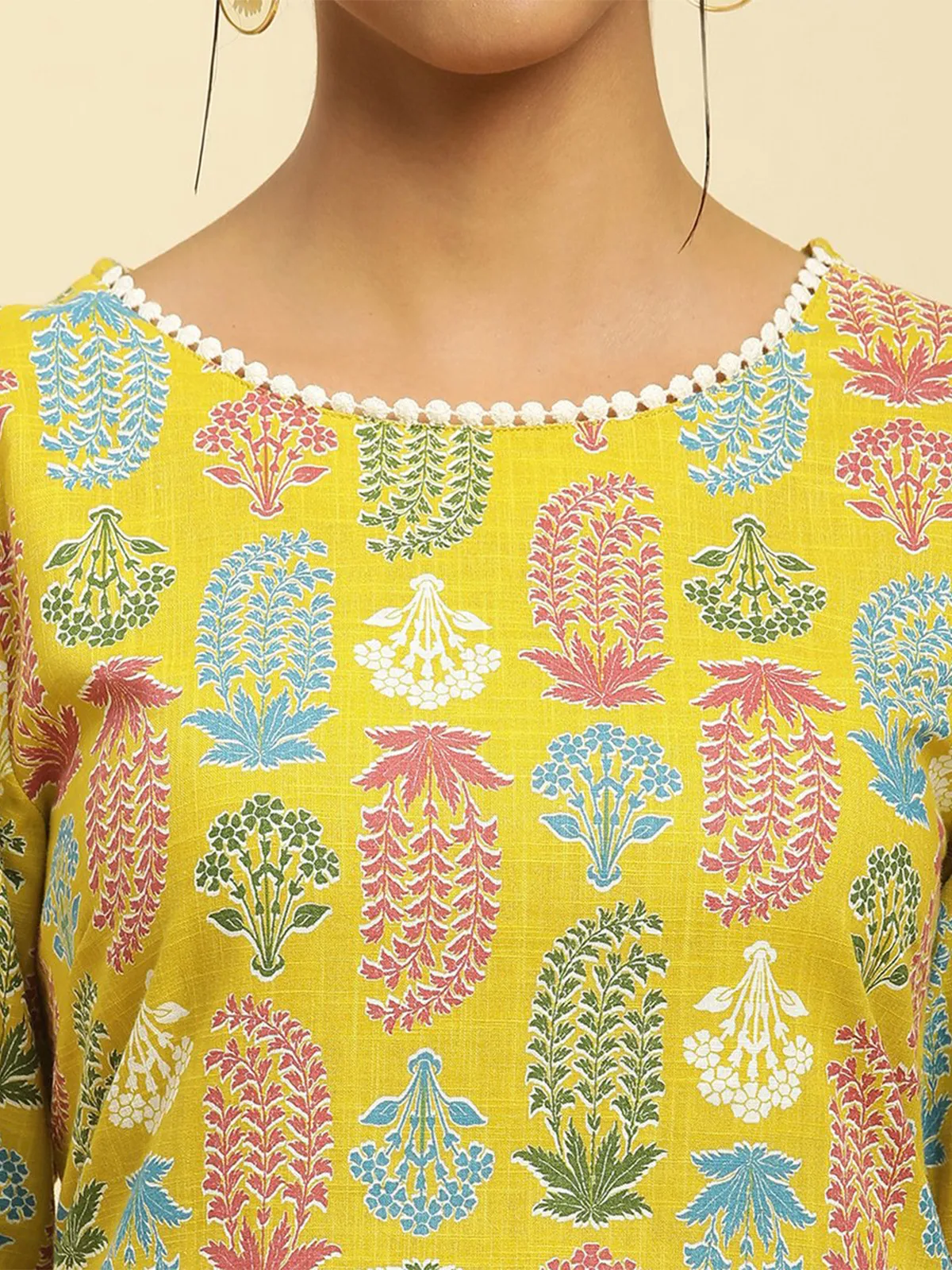 W yellow cotton printed kurti