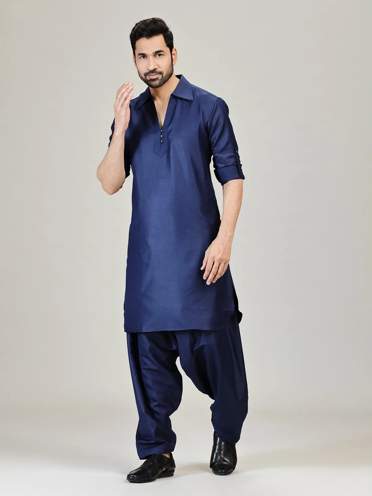 Navy plian pathani kurta suit in cotton silk