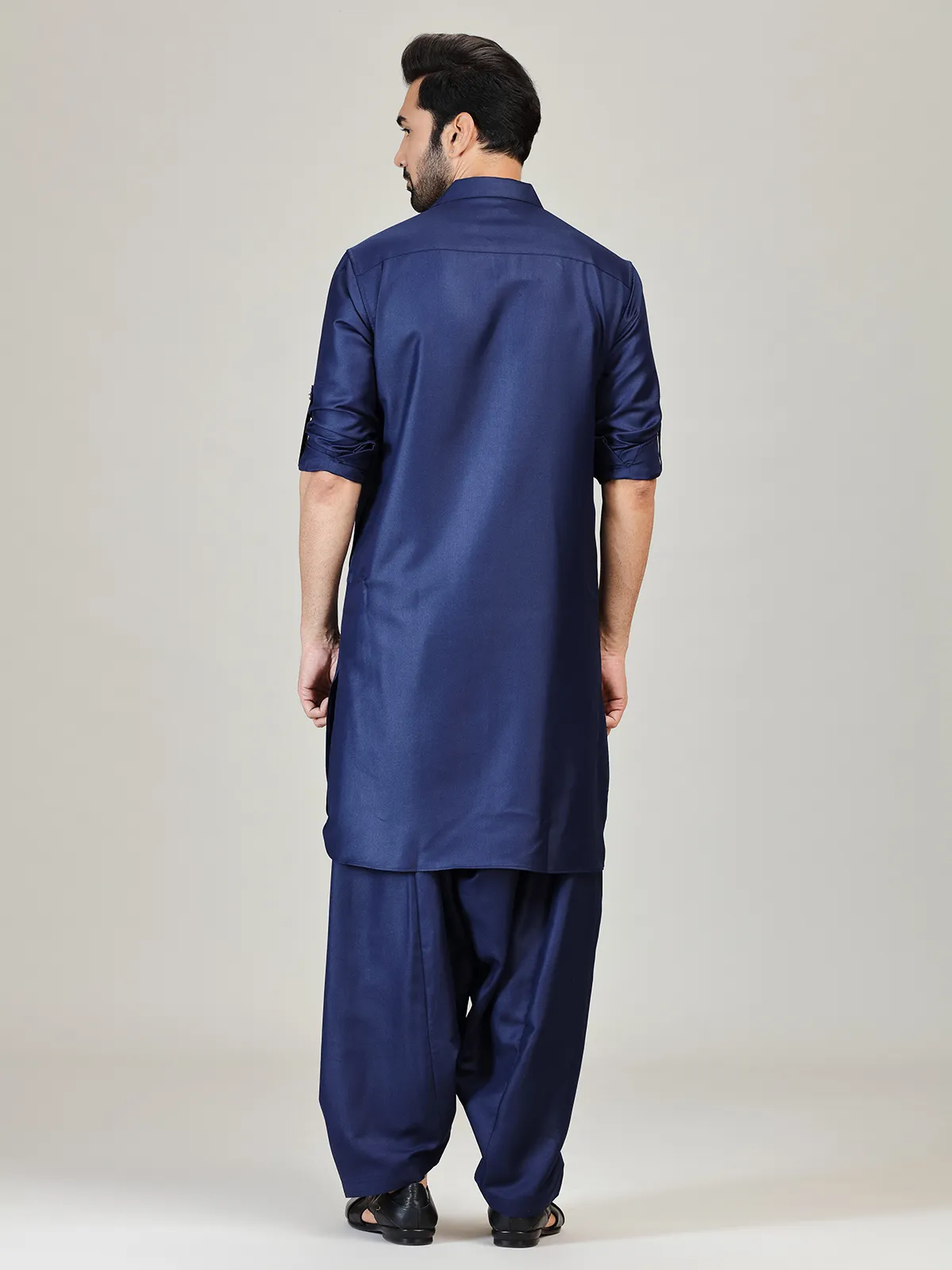 Navy plian pathani kurta suit in cotton silk