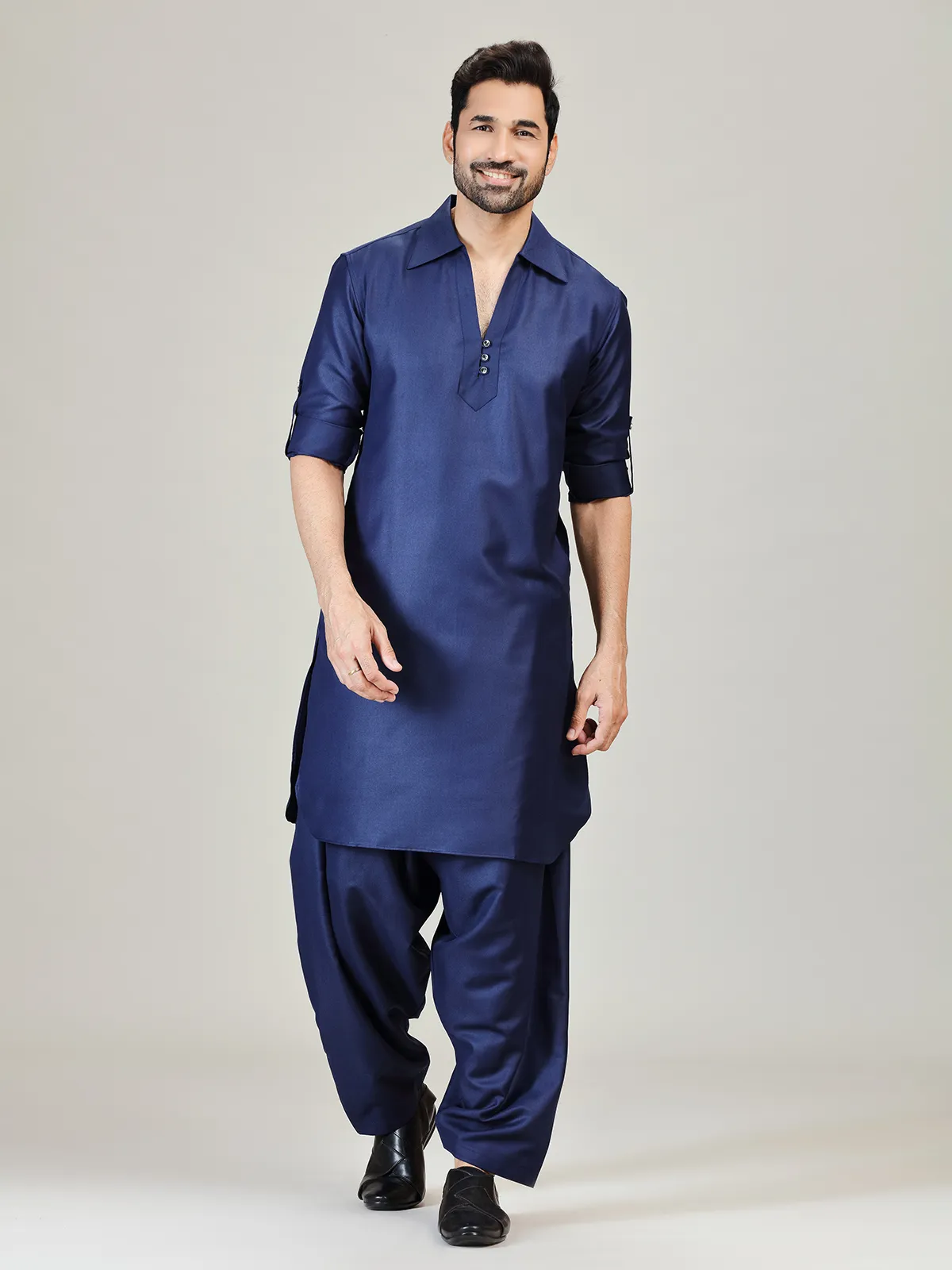 Navy plian pathani kurta suit in cotton silk