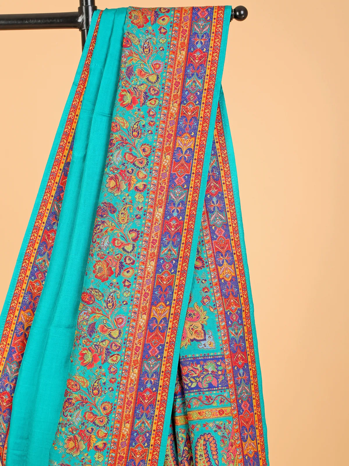 Wedding aqua printed pashmina silk saree