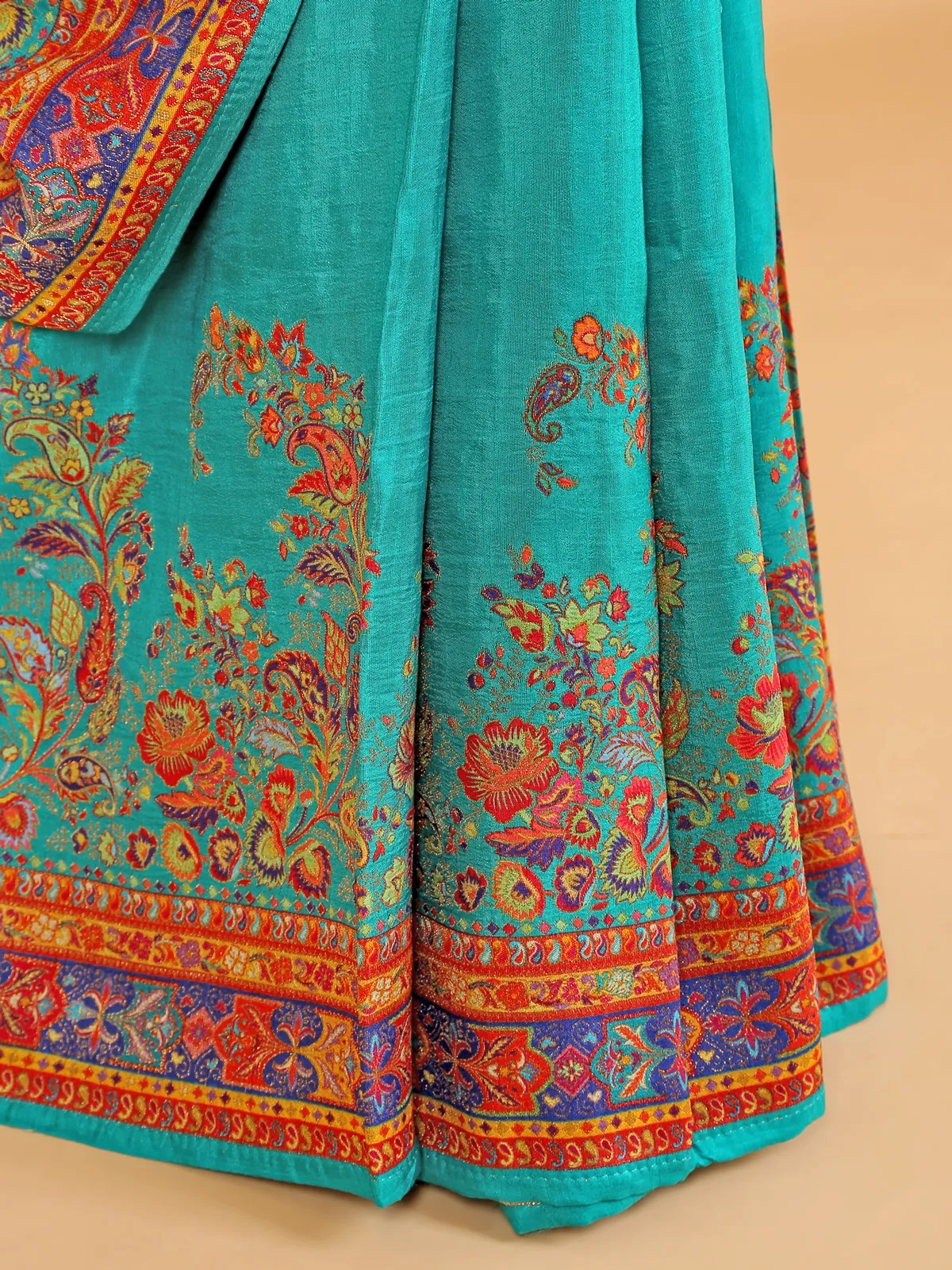 Wedding aqua printed pashmina silk saree