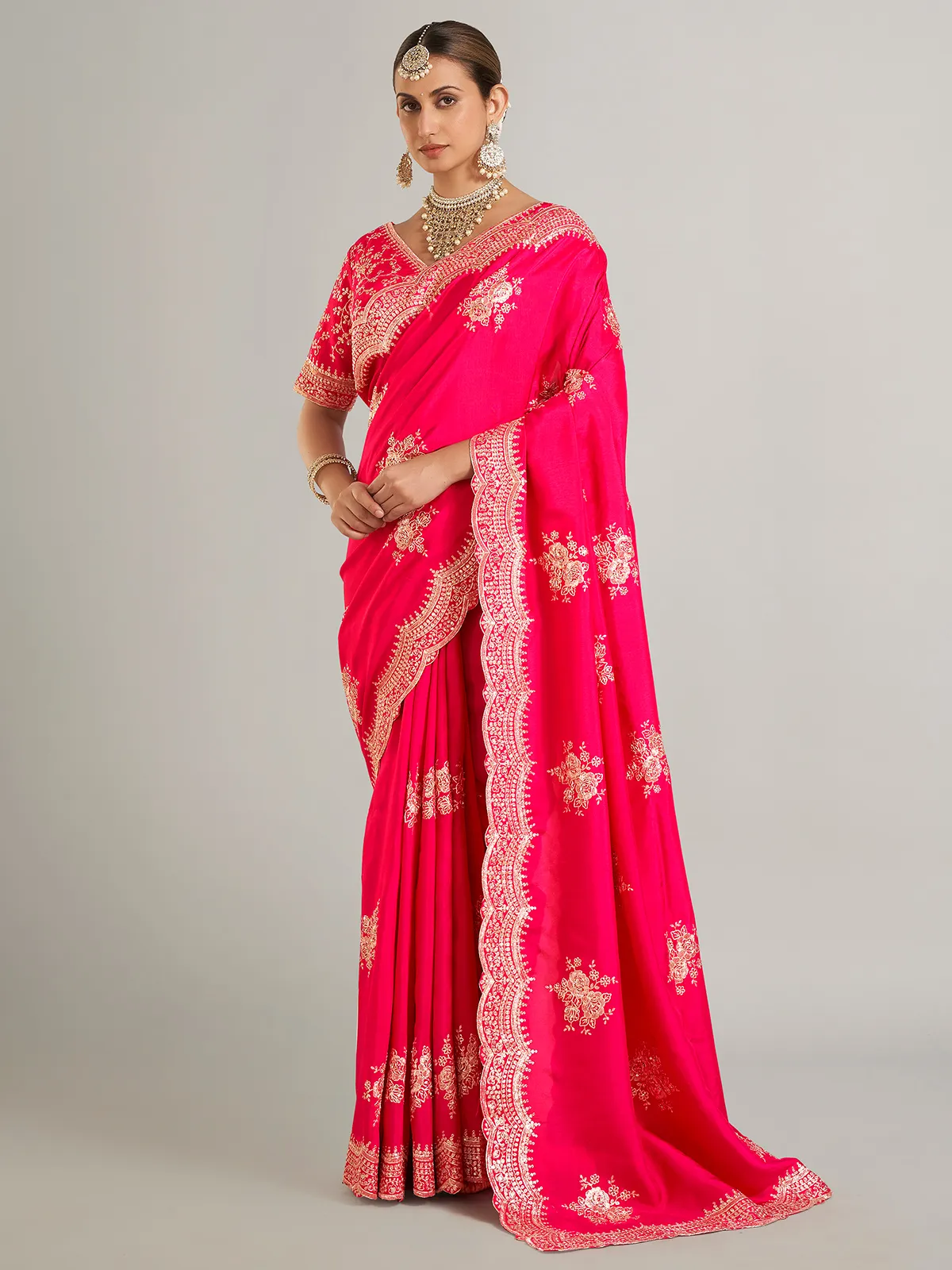 Wedding style magenta silk saree for