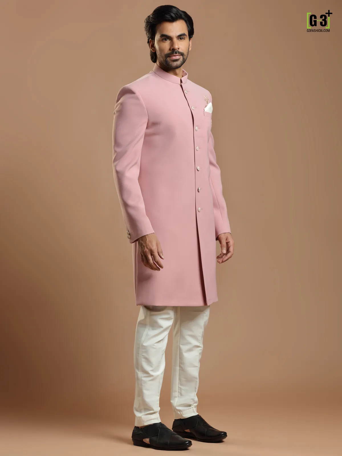 Wedding wear baby pink hued terry rayon indowestern for mens