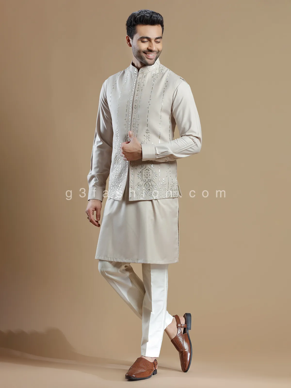 Wedding wear beige silk waistcoat set