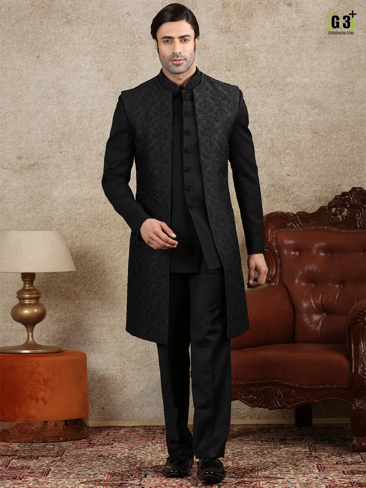 Wedding wear black silk mens indo western