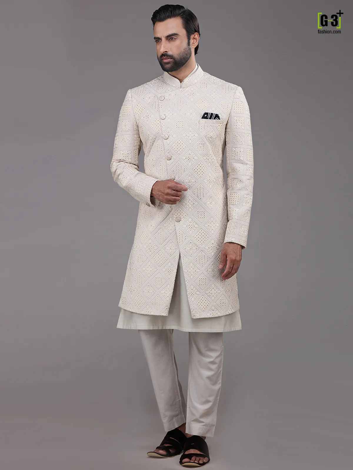 Wedding wear cream mens indo western with kurta