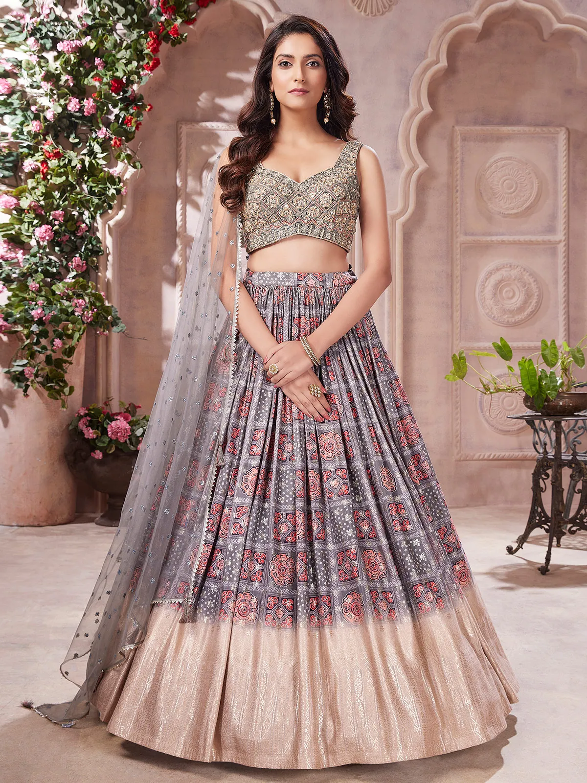 Wedding wear grey silk lehenga choli