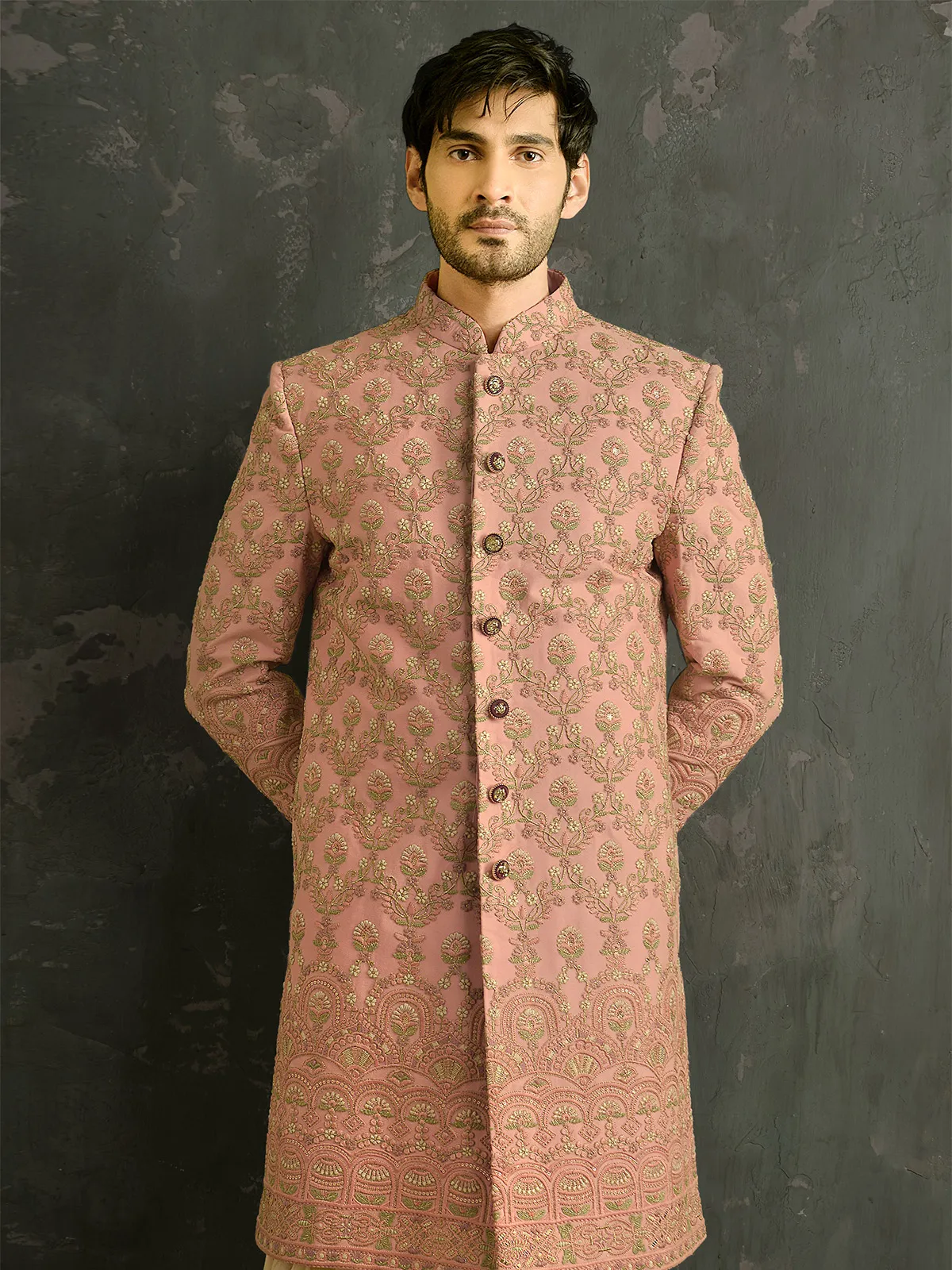 Wedding wear kurta with dhoti indowestern style sherwani in onion pink