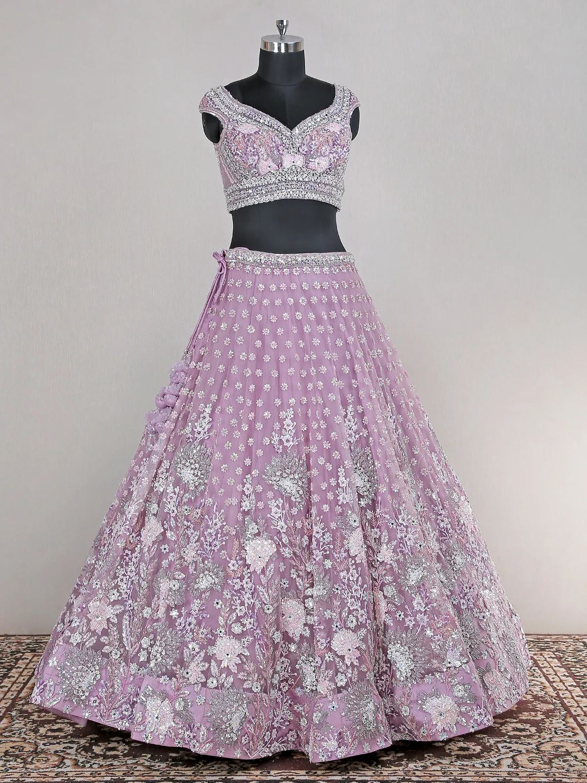 Wedding wear light purple net lehenga choli