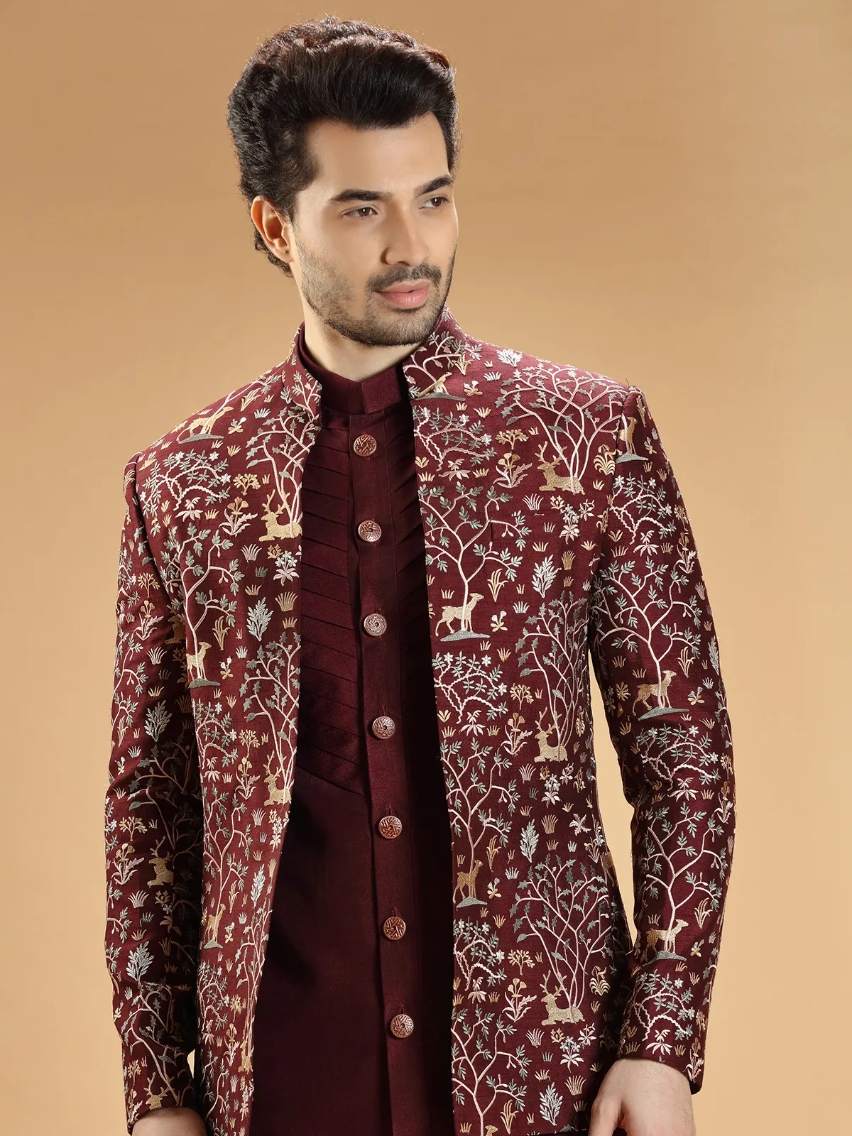 Wedding wear maroon silk indowestern