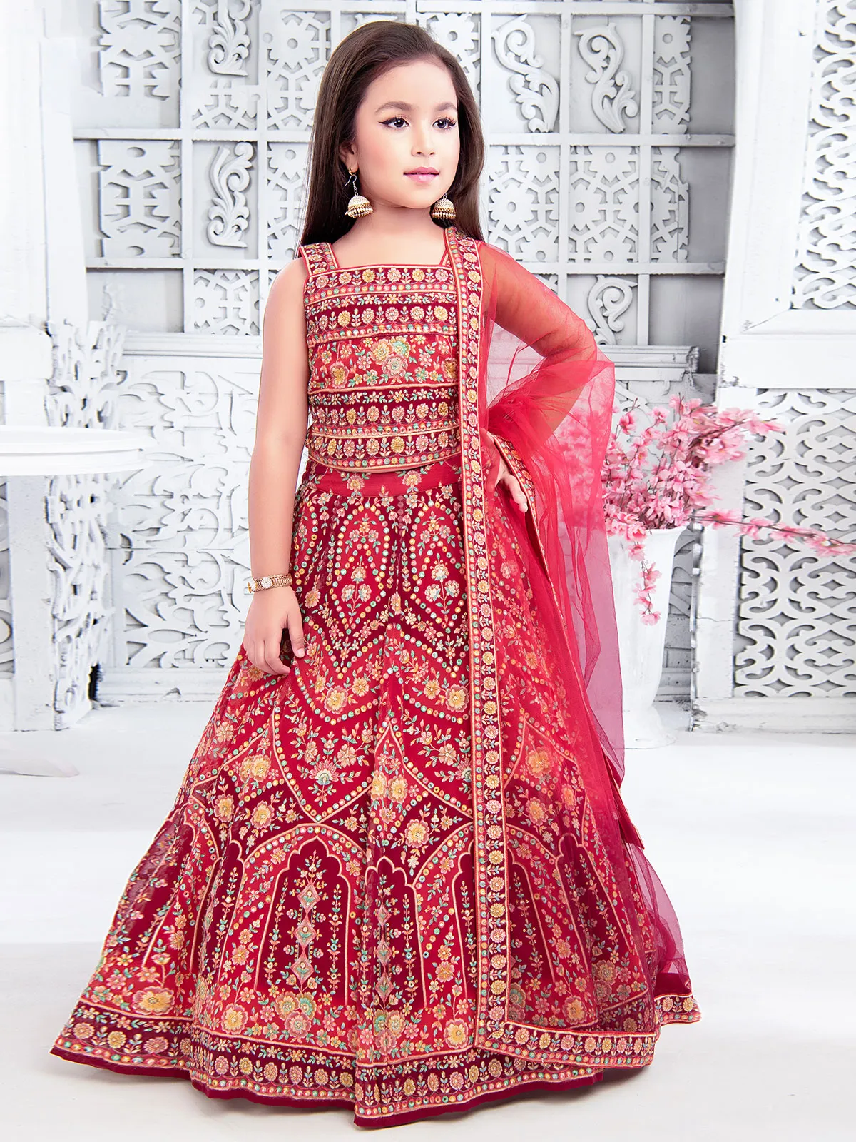 Wedding wear red georgette printed lehenga choli