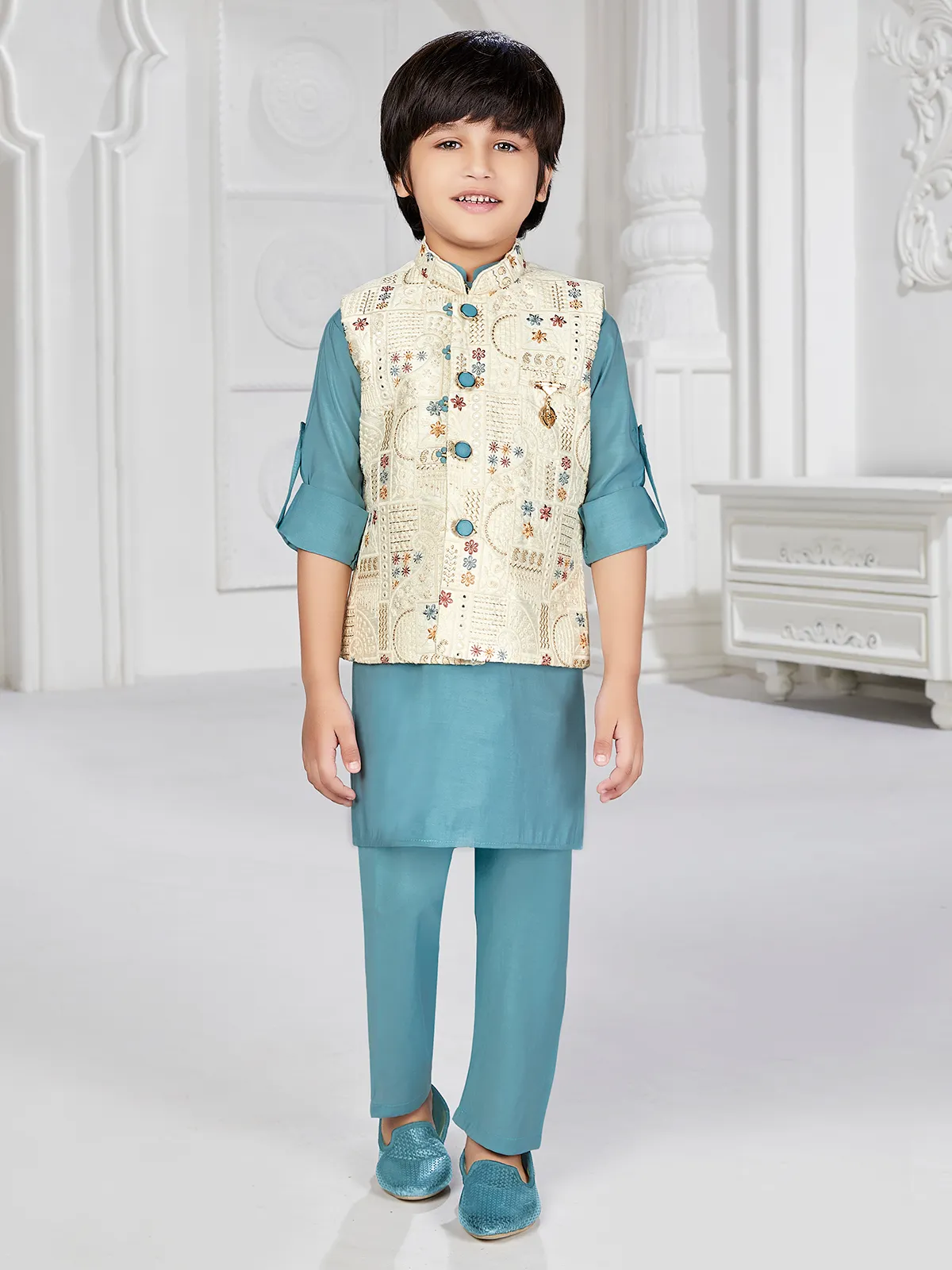 Wedding wear silk blue waistcoat set