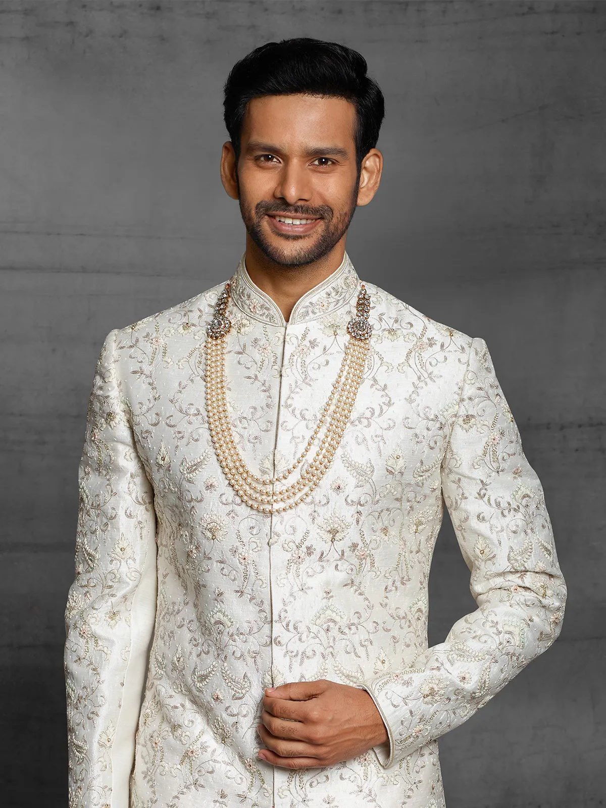 wedding wear silk fabric sherwani in off white color