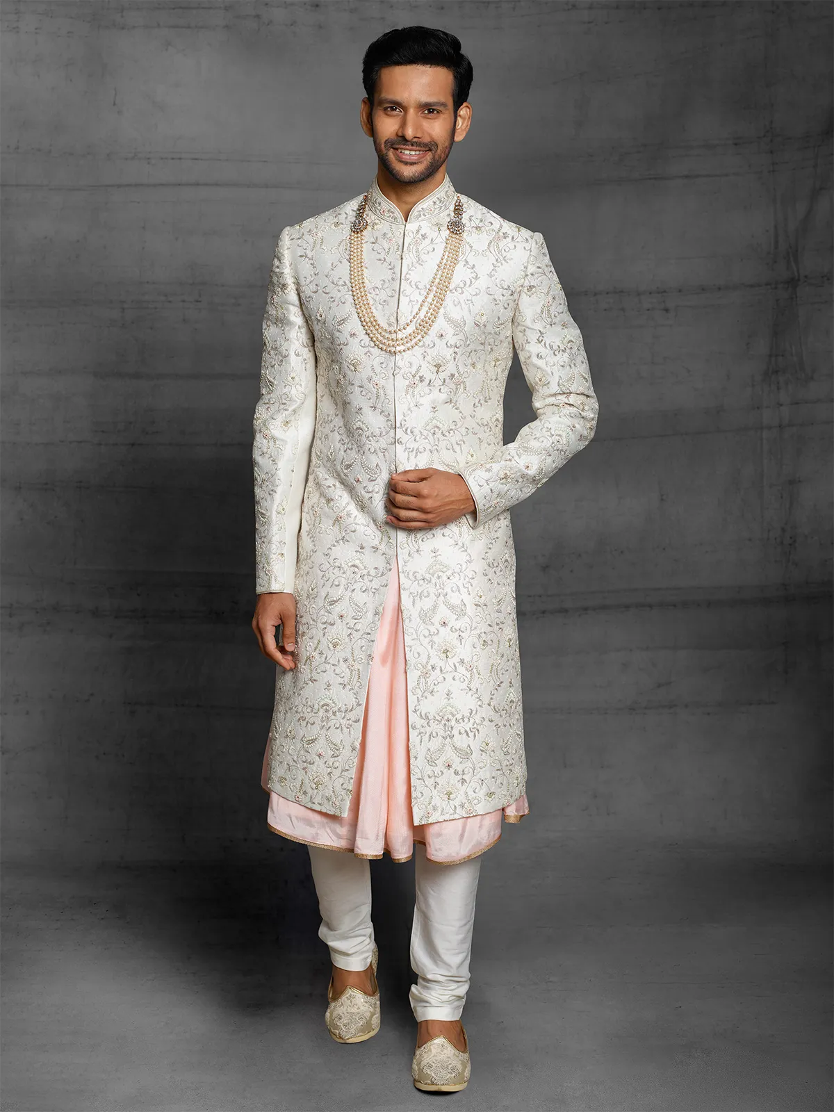 wedding wear silk fabric sherwani in off white color