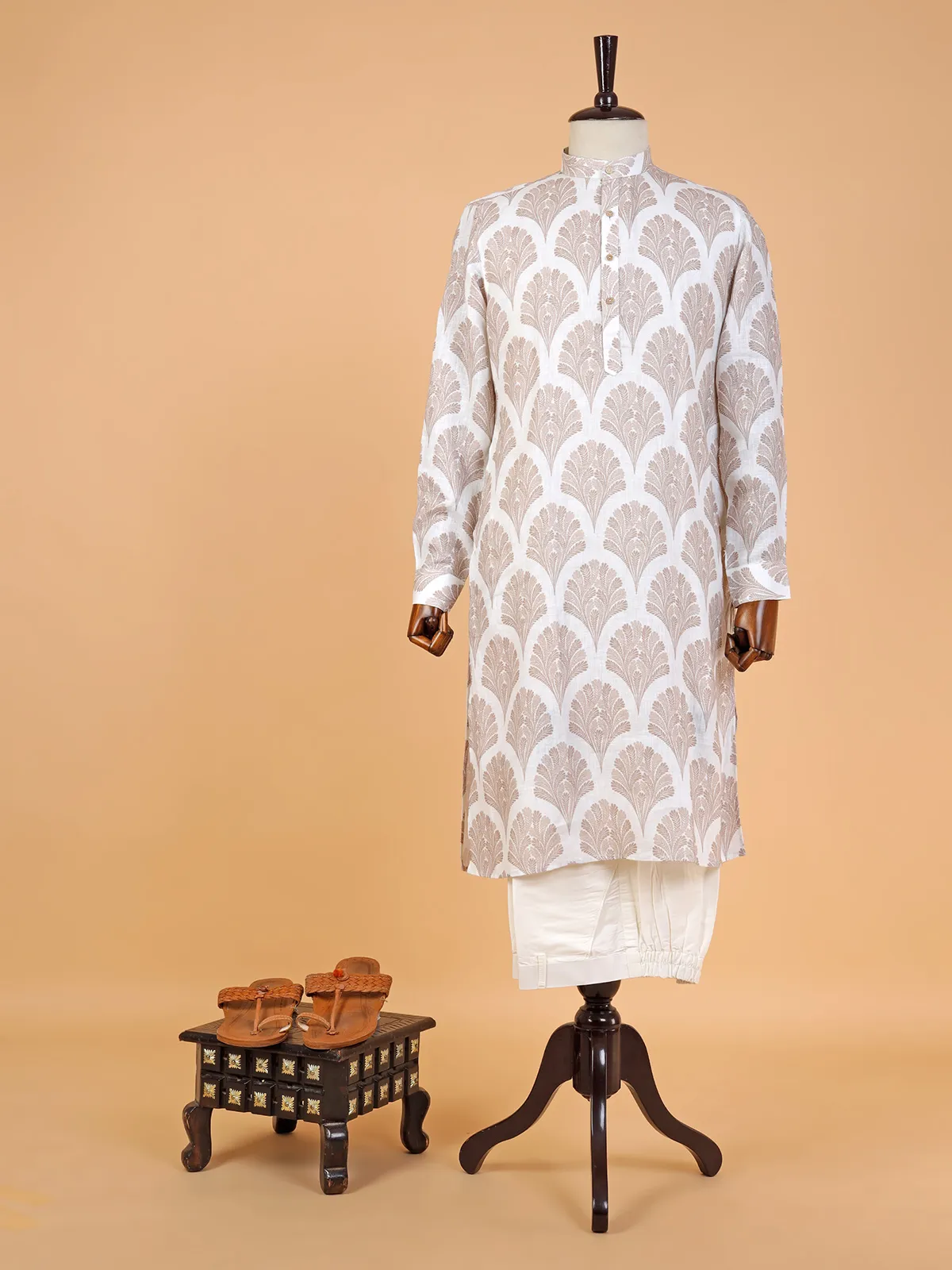 White and beige printed linen kurta suit