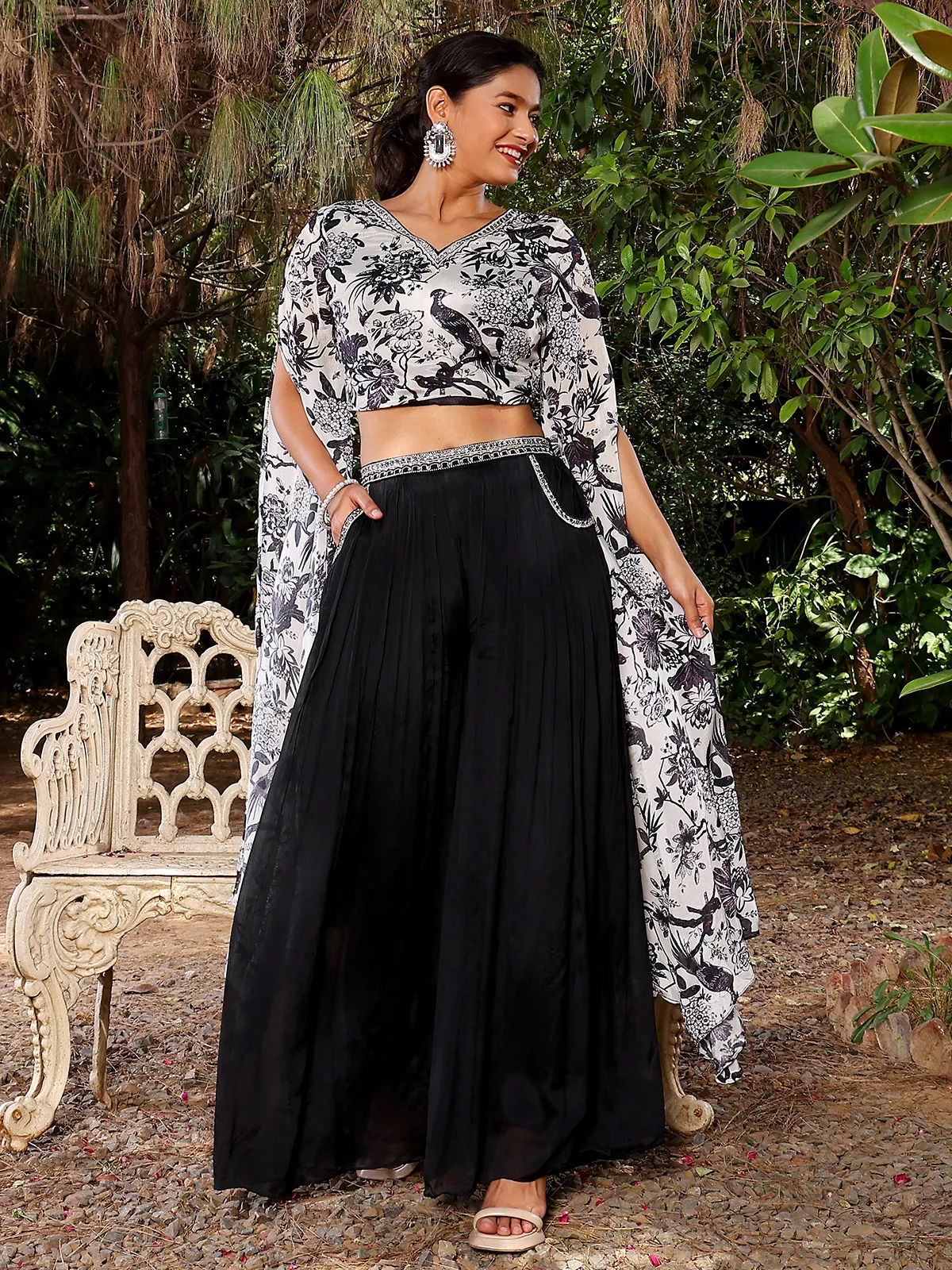 White and black georgette printed palazzo suit