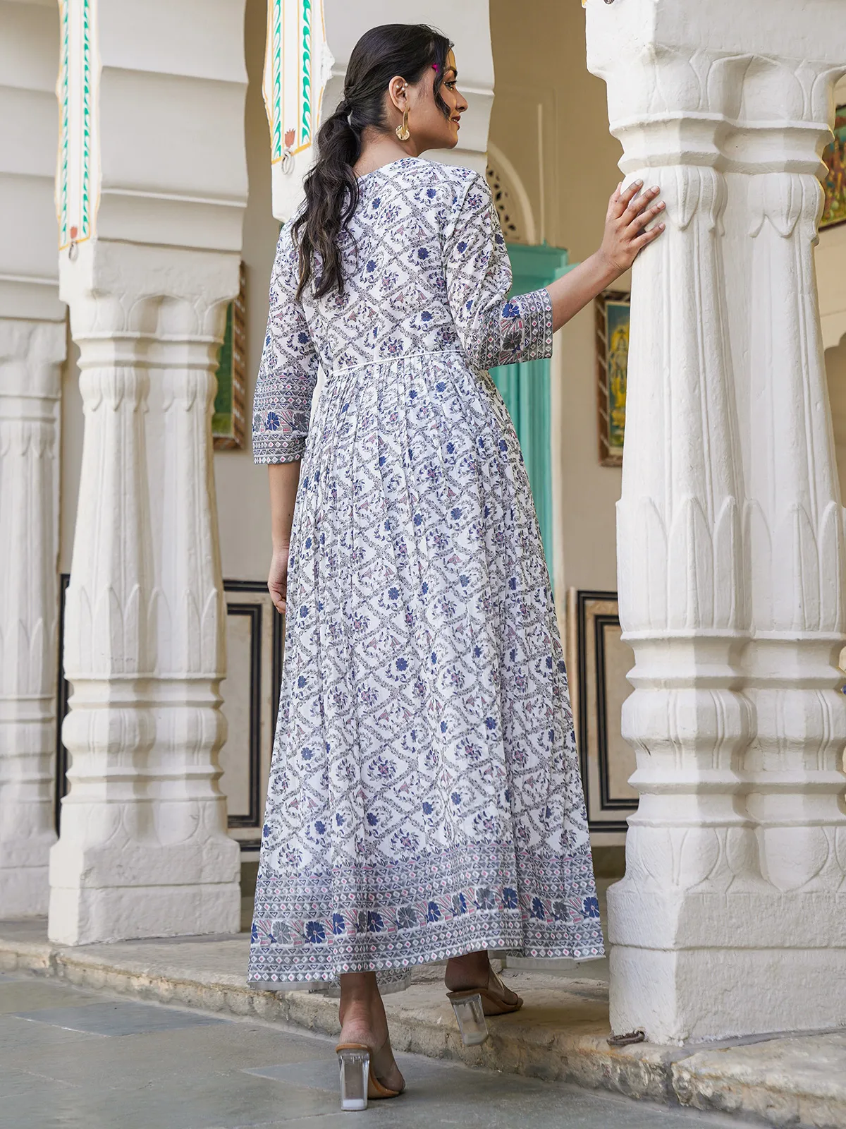 White and blue cotton long printed kurti