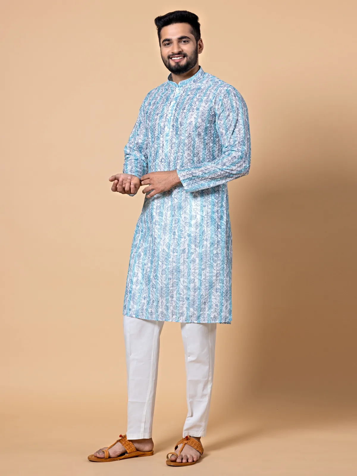 White and blue cotton printed  Men Kurta pajama