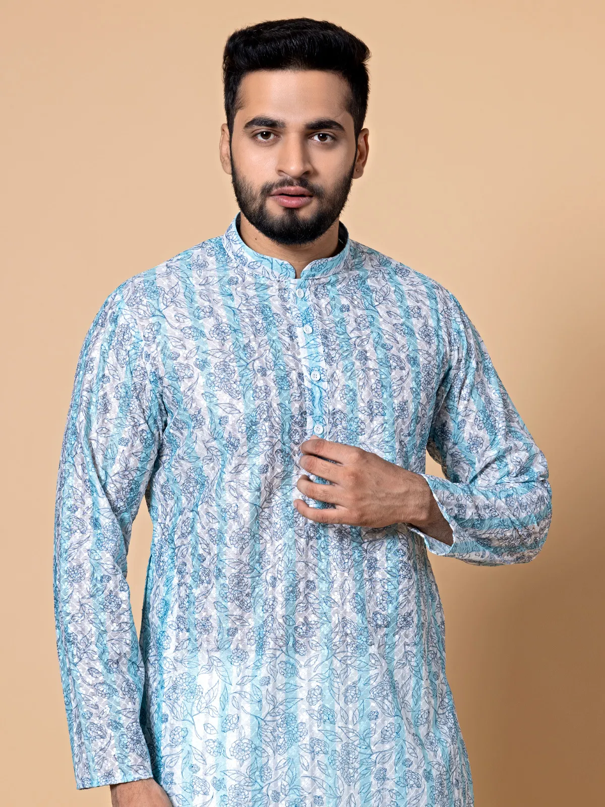 White and blue cotton printed  Men Kurta pajama