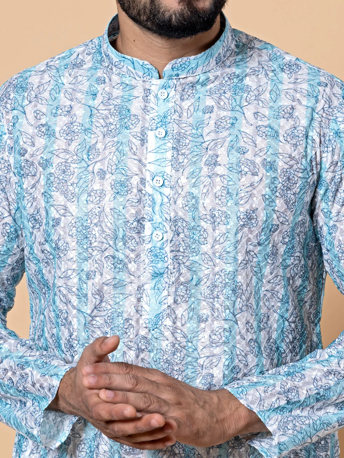 White and blue cotton printed  Men Kurta pajama