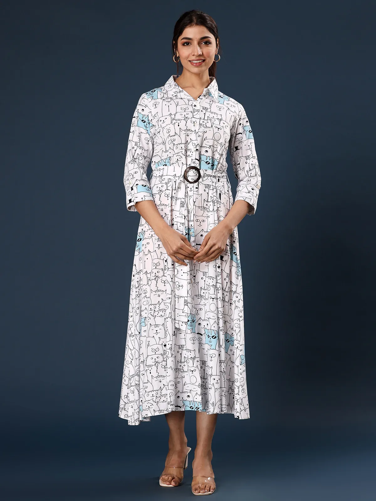 White and blue rayon cotton printed kurti