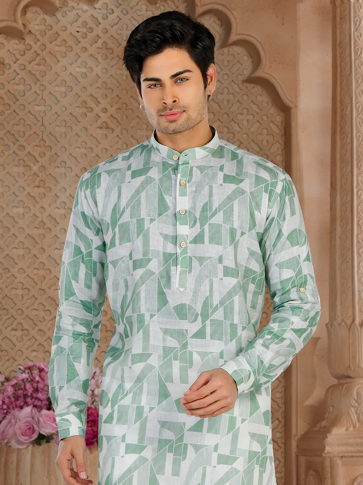 White and green printed  Men Kurta pajama in cotton