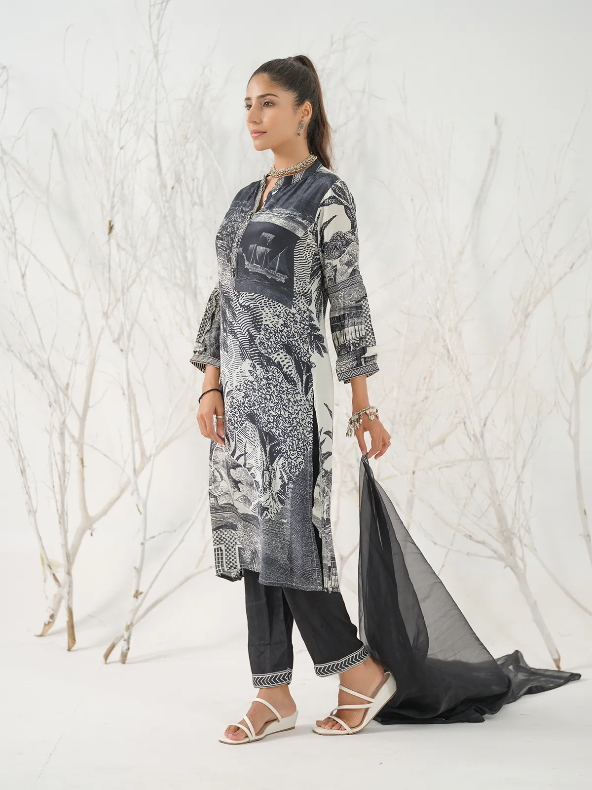 White and grey printed kurti set