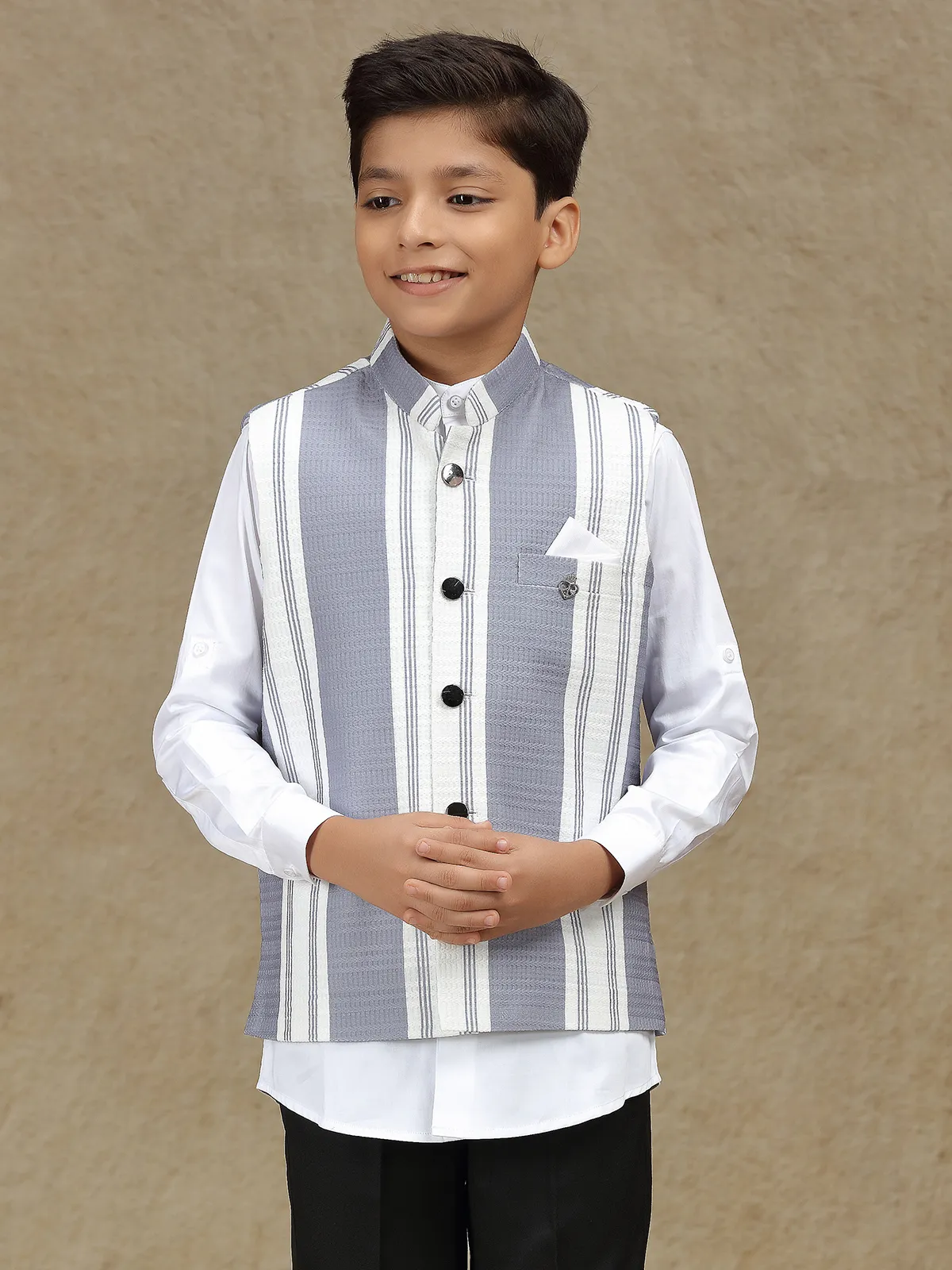 White and grey striped terry rayon waistcoat
