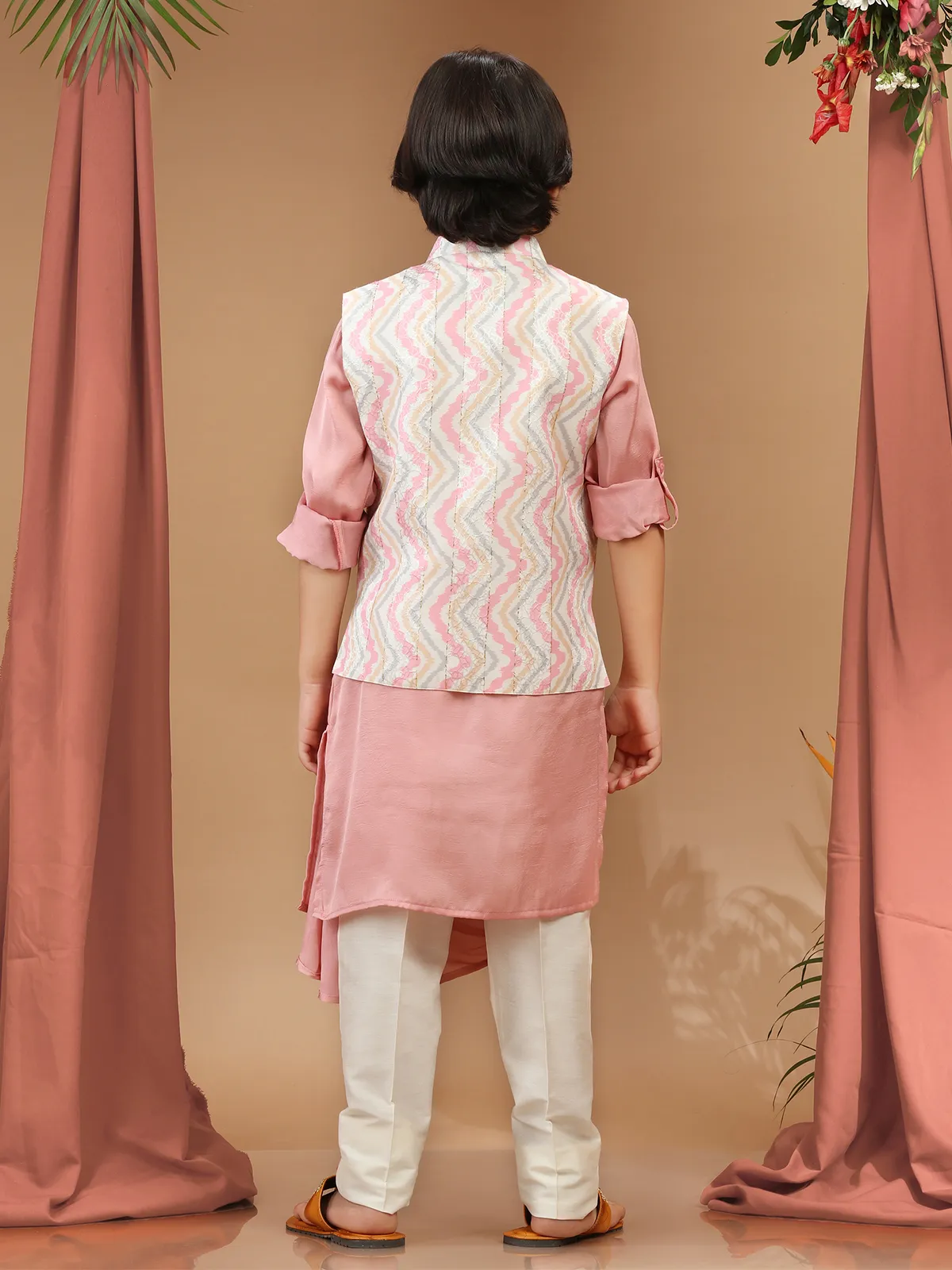 White and peach silk printed waistcoat set