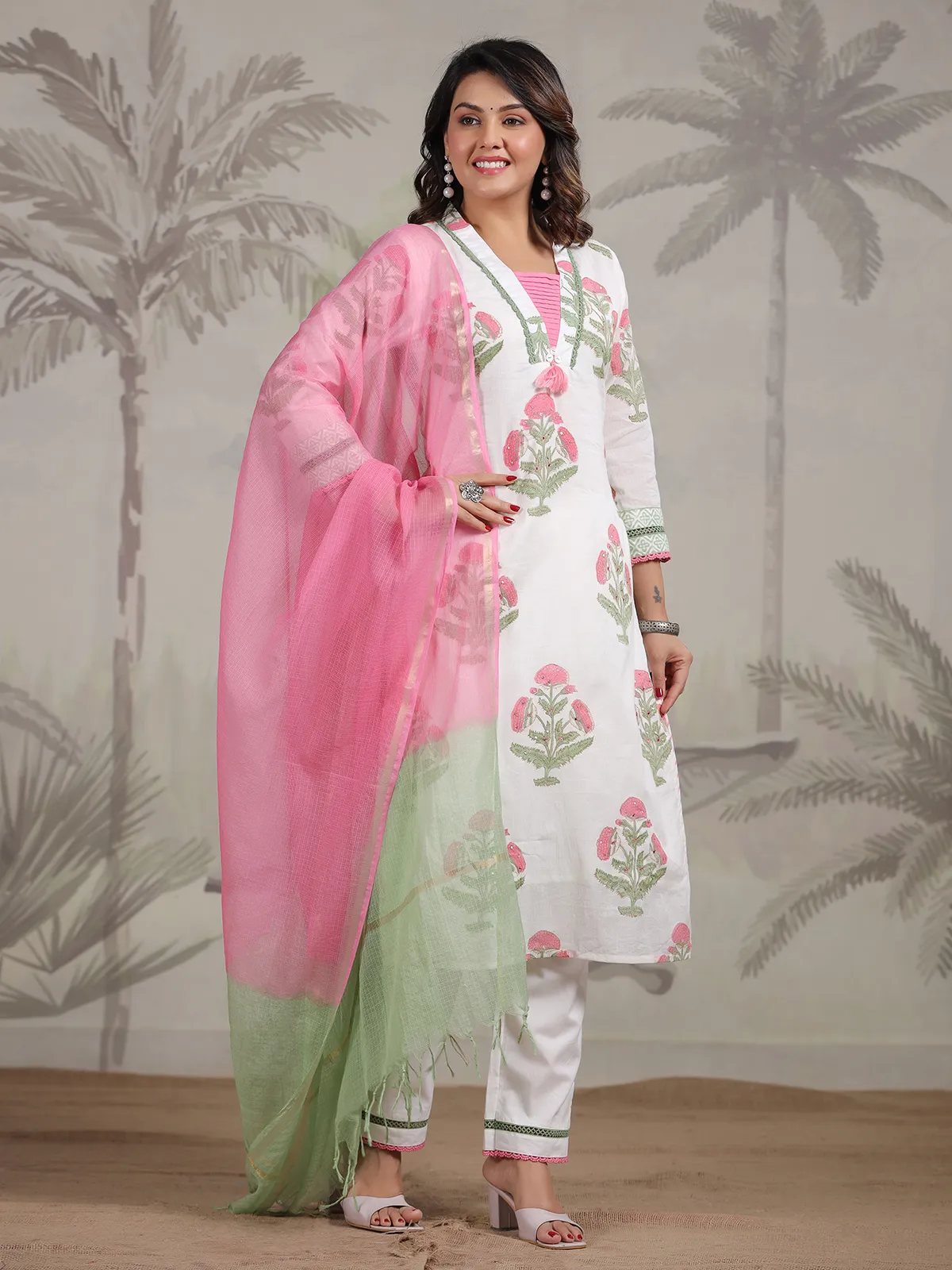 White and pink floral printed cotton kurti set