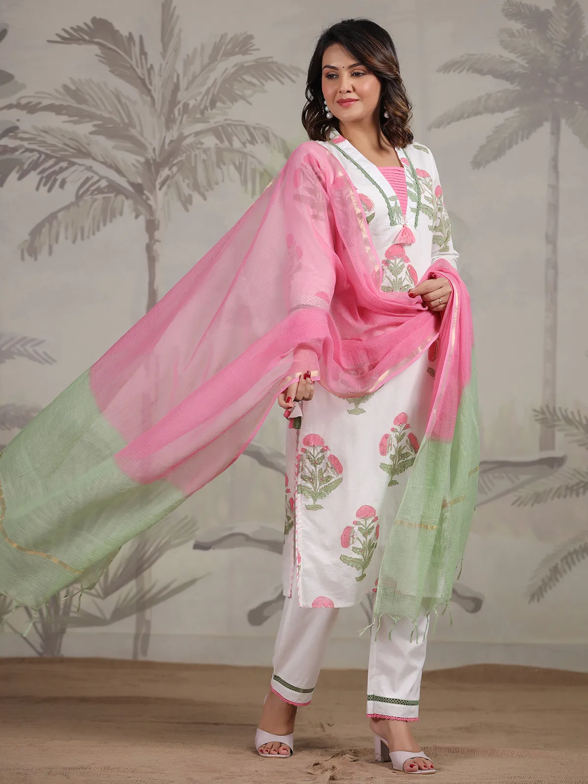 White and pink floral printed cotton kurti set