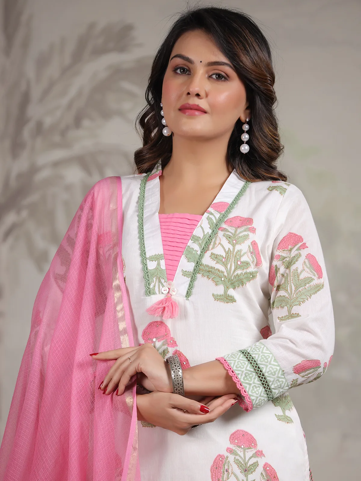 White and pink floral printed cotton kurti set