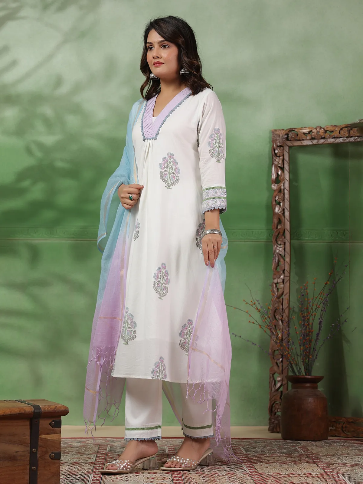 White and purple printed cotton kurti set