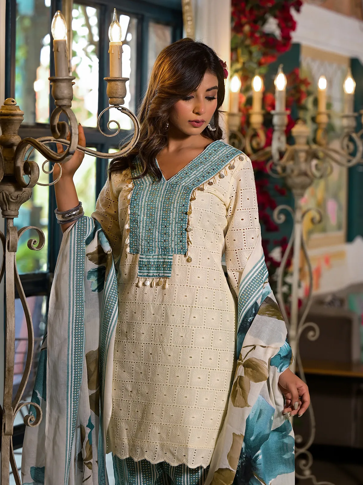 White and teal blue printed palazzo set