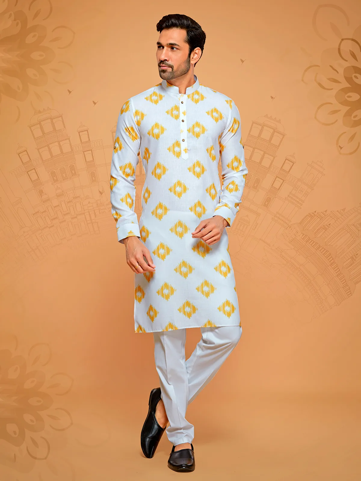 White and yellow cotton kurta set