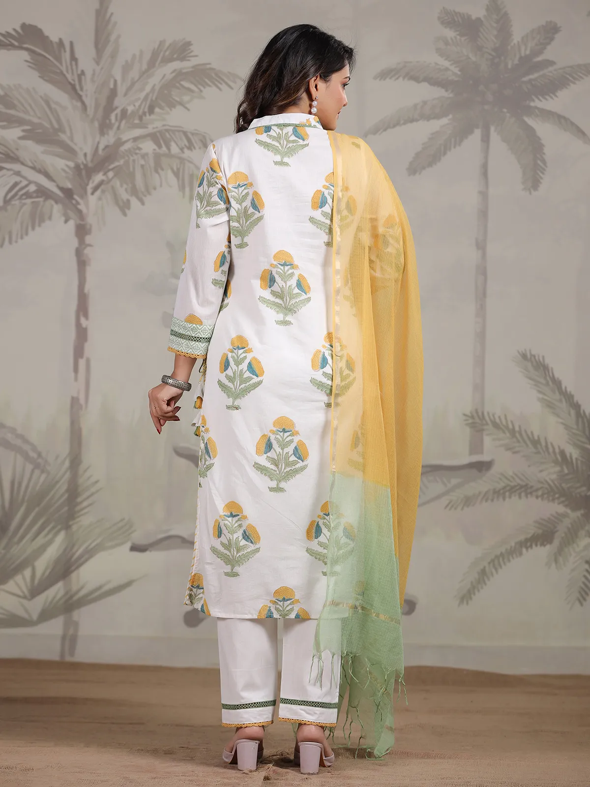 White and yellow printed cotton kurti set