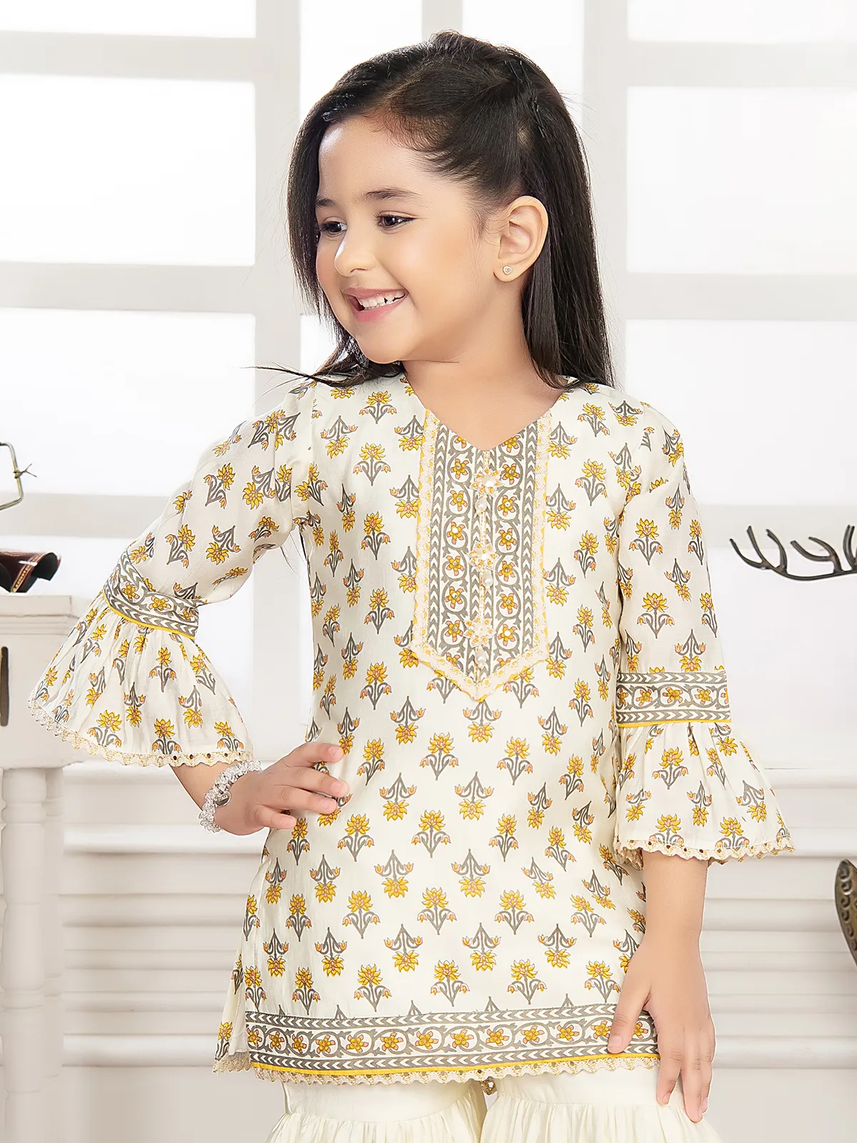 White and yellow printed cotton sharara suit