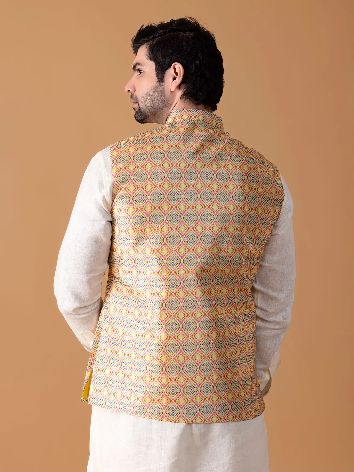 White and yellow printed silk waistcoat