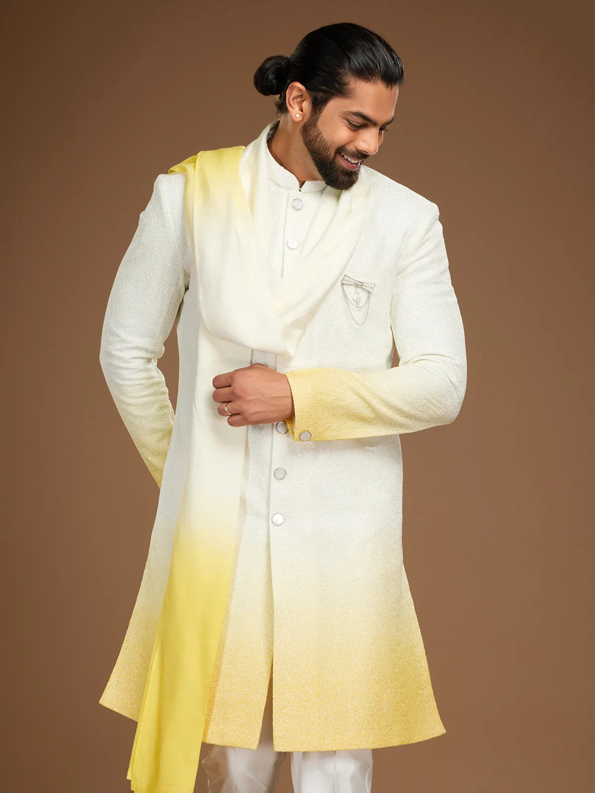 White and yellow shaded silk indowestern