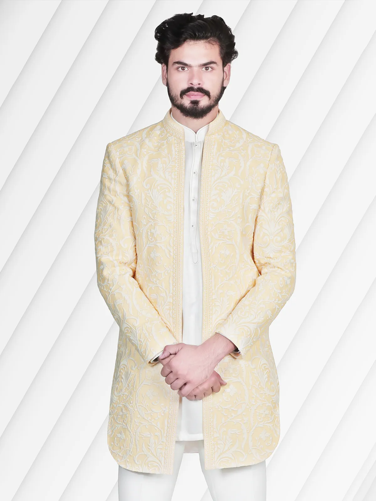 White and yellow silk indowestern