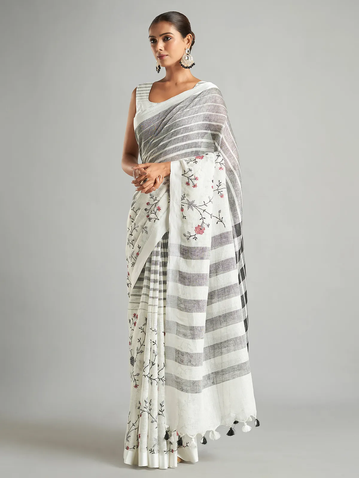 White cotton linen stripe saree