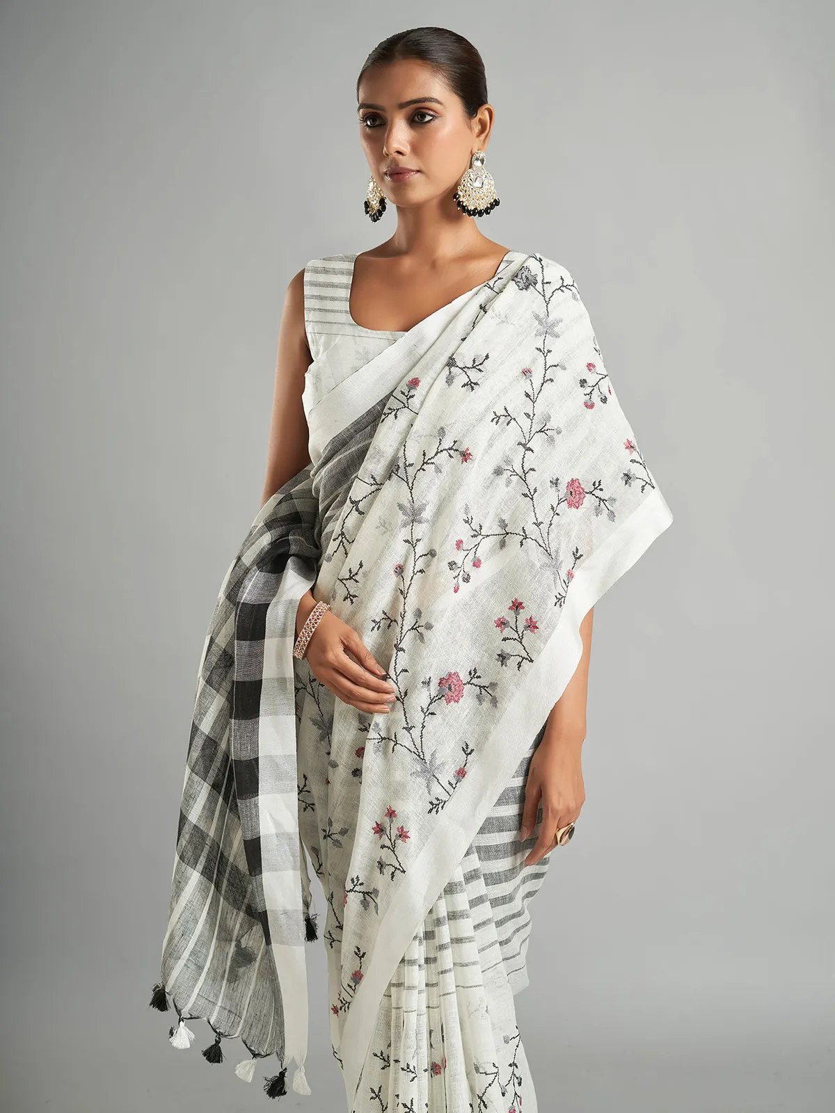 White cotton linen stripe saree