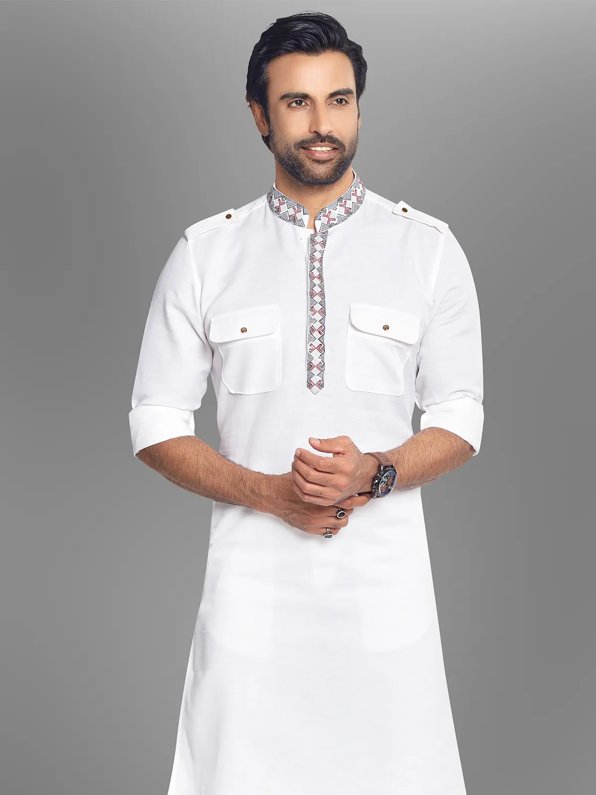 White cotton plain festive pathani suit