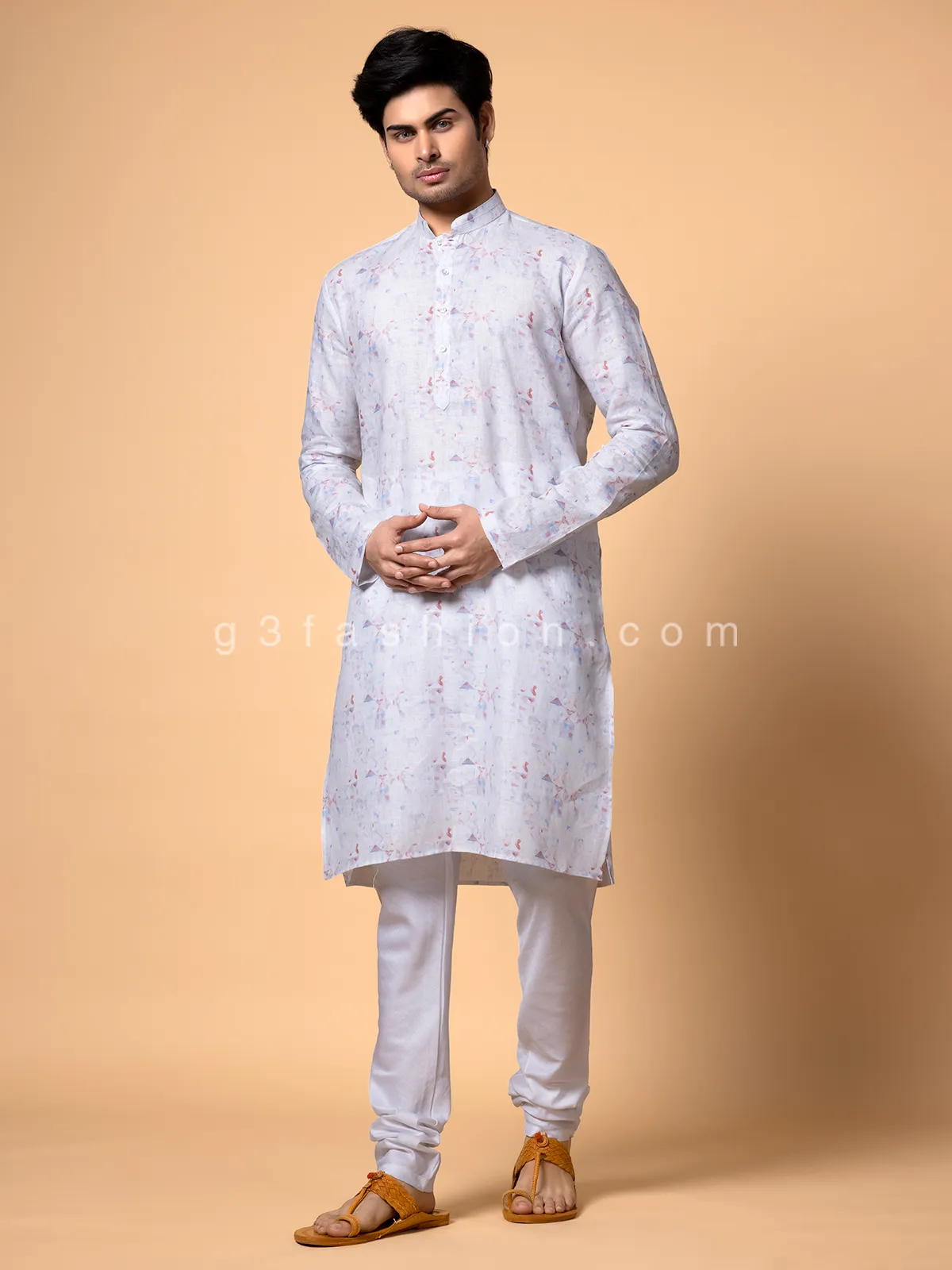 White cotton printed festive  Men Kurta pajama