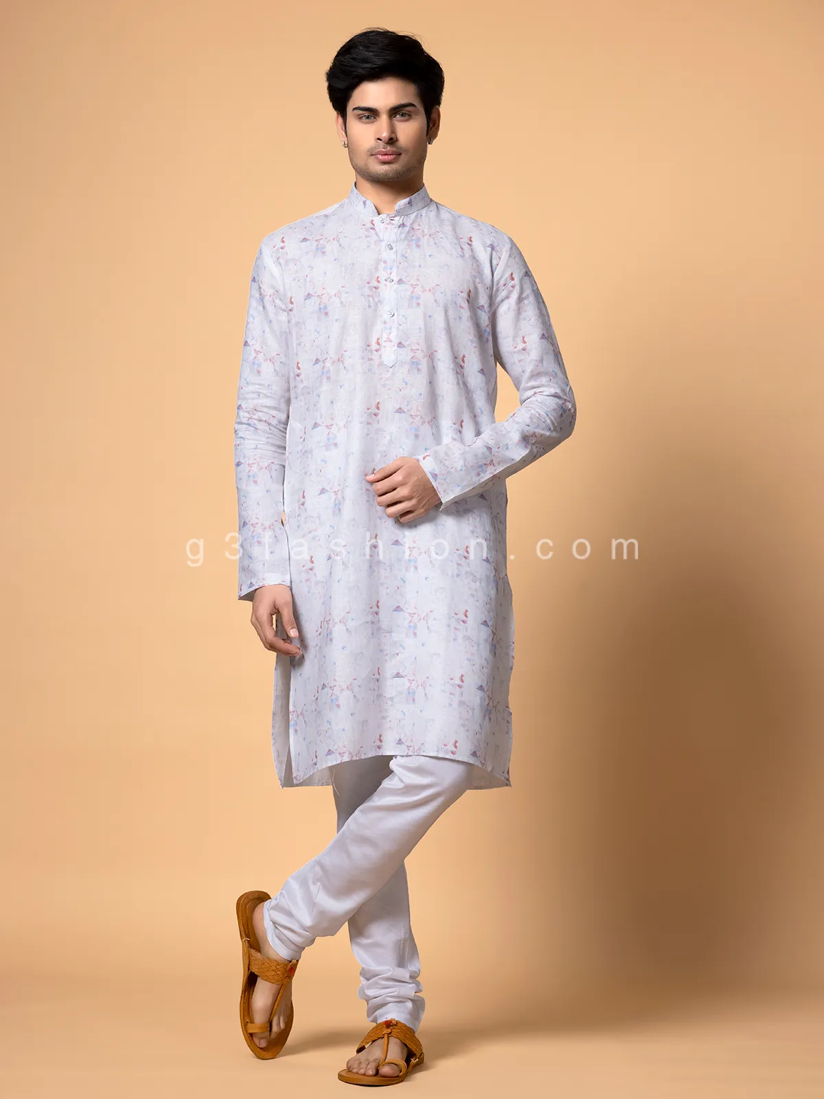 White cotton printed festive kurta suit