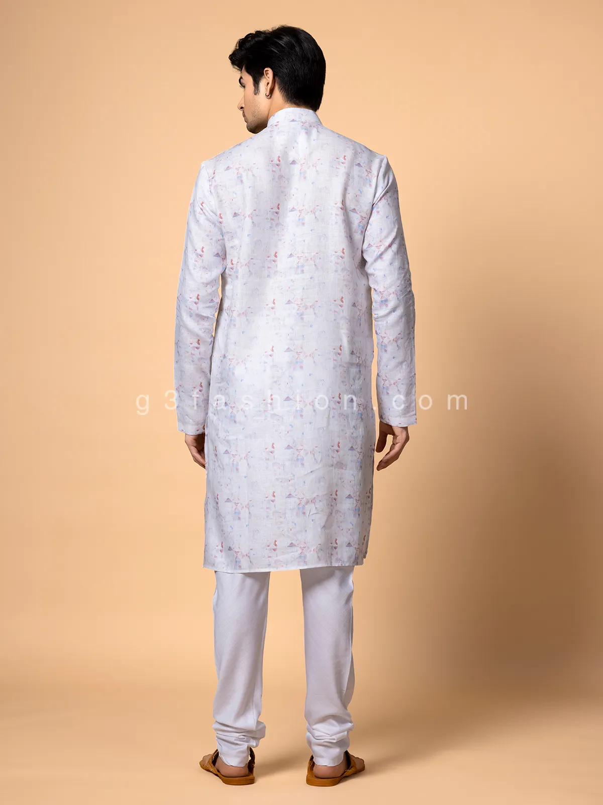 White cotton printed festive  Men Kurta pajama