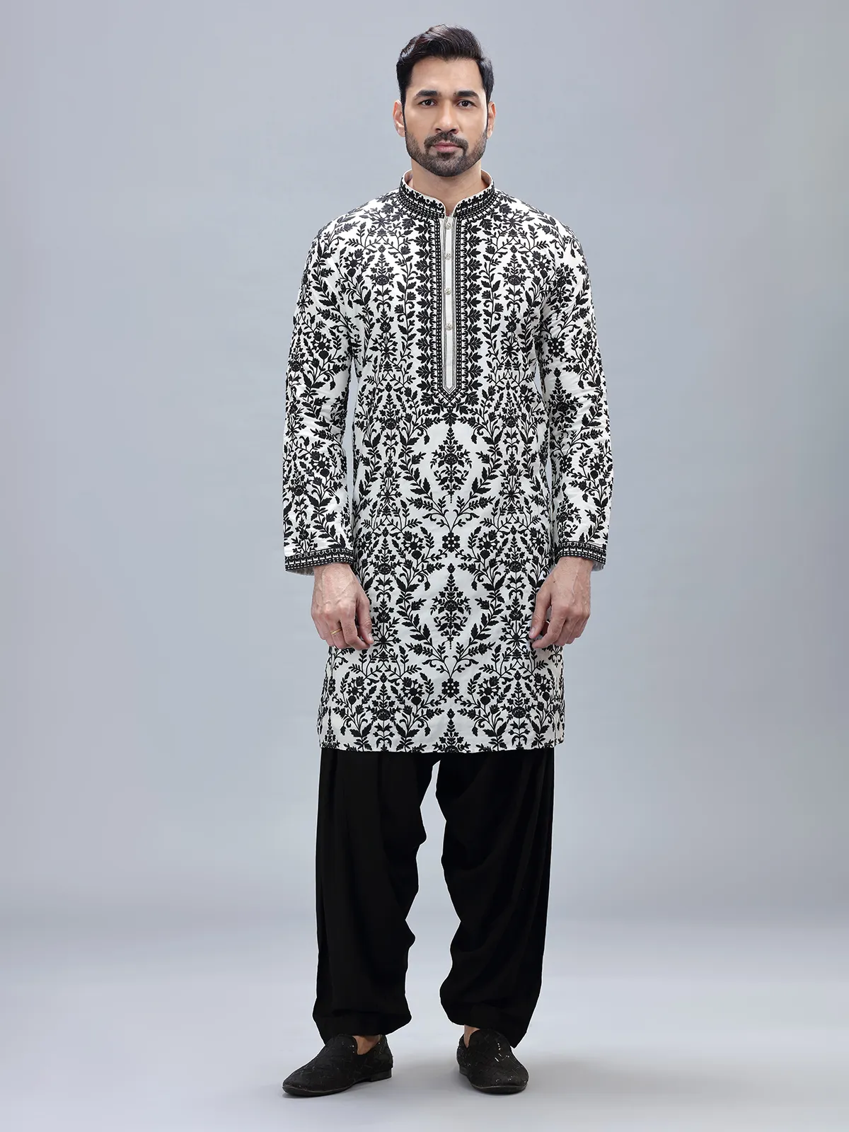 White cotton silk kurta set with matching patiyala