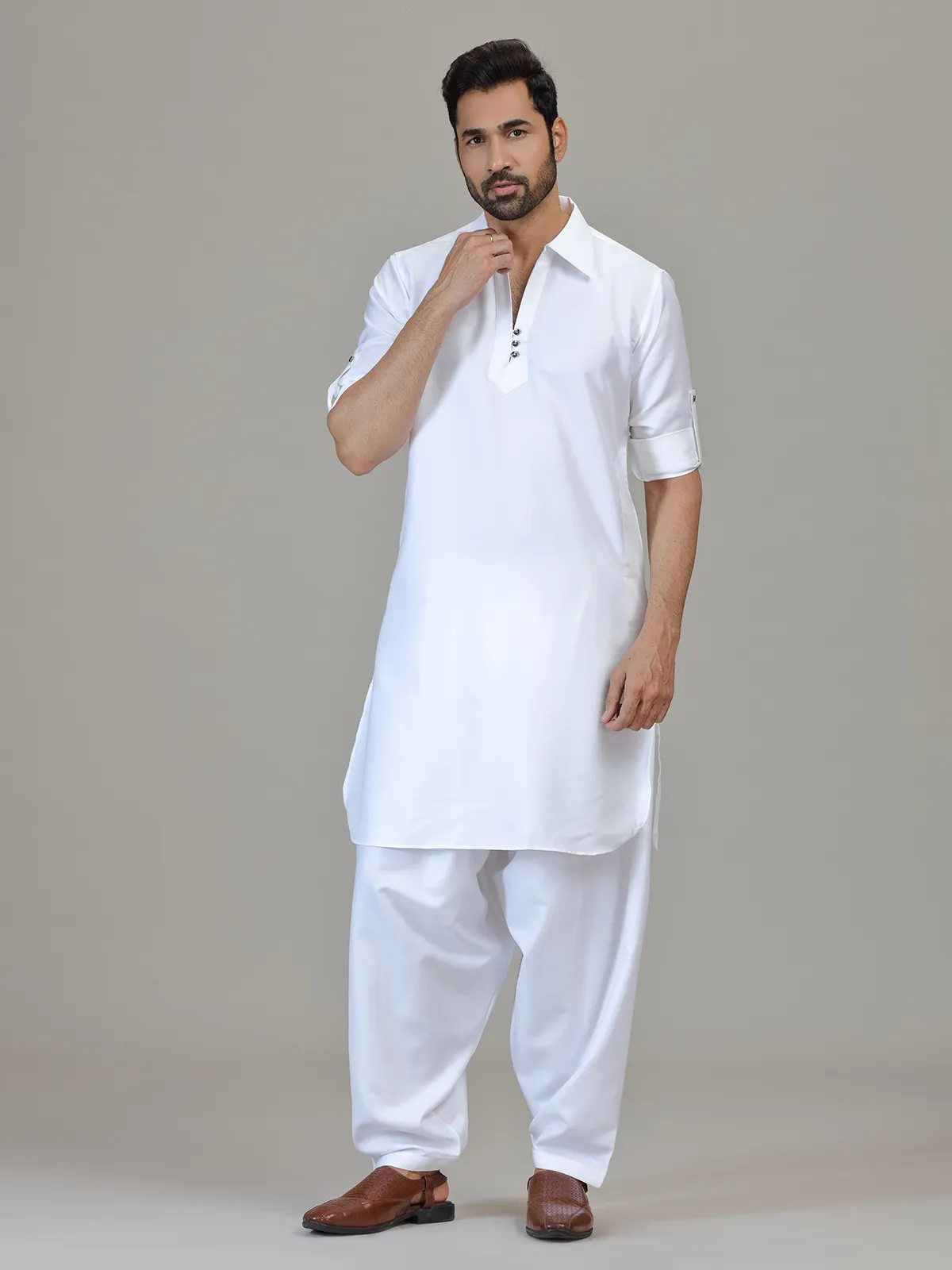 White cotton silk pathani kurta suit for festive celebration